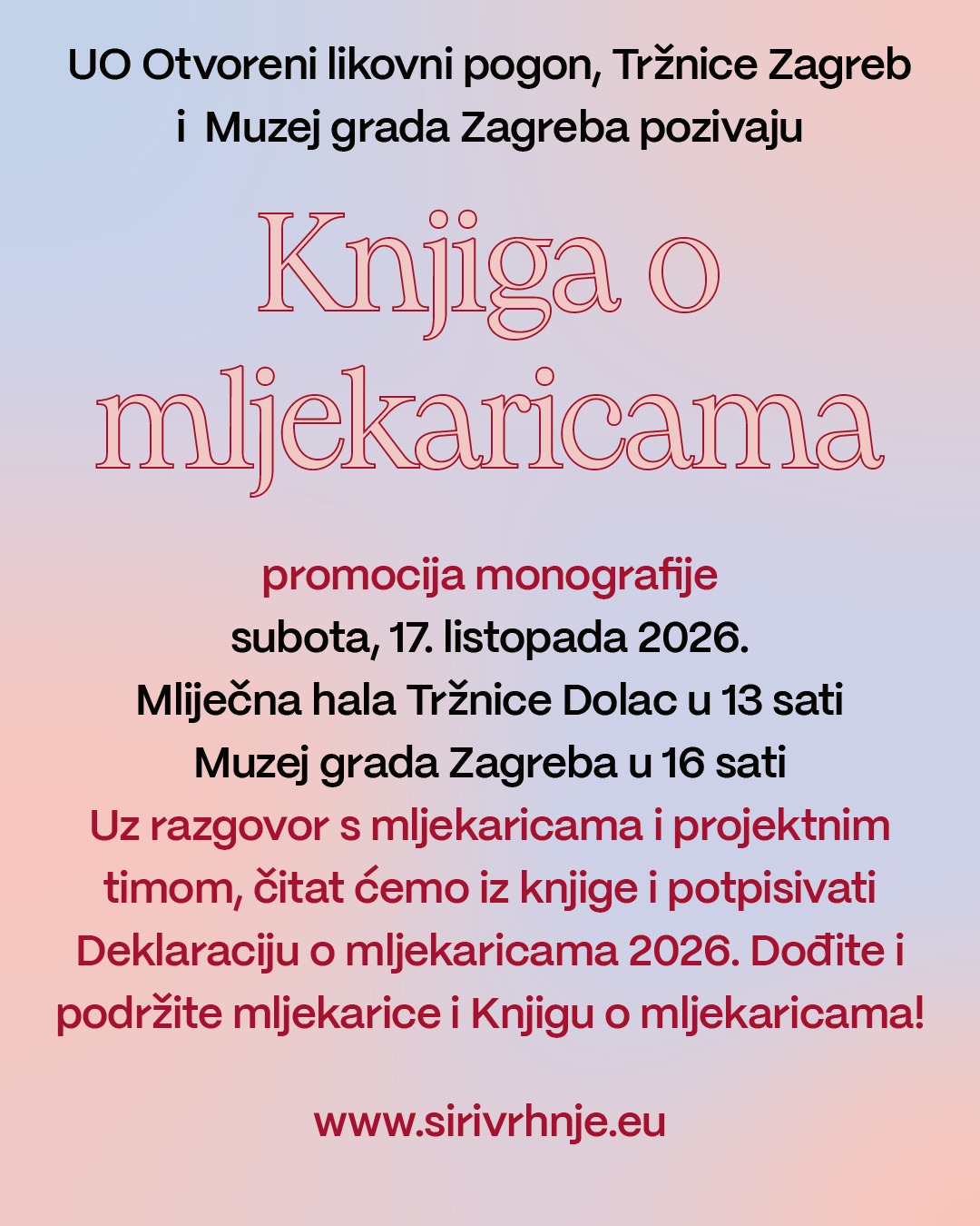 Pozivnica na promociju Knjige o mljekaricama, 17. listopada 2026.: Dolac u 13 sati i Muzej grada Zagreba u 16 sati. Kliknite za detaljni program.